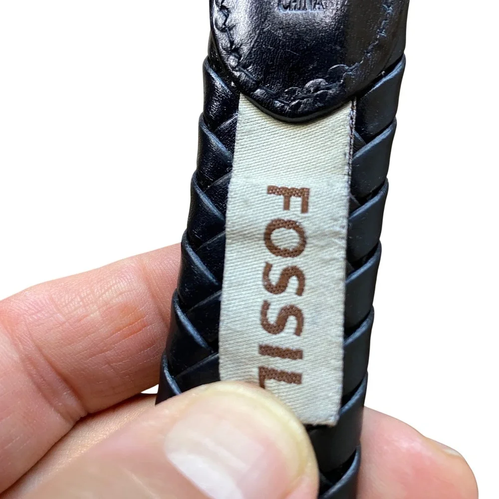 Fossil Mens Black Braided Woven Leather Belt Silver Buckle MB3040001 Size 40